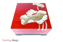 Square red box with hand painted lotus included stand 25 cm